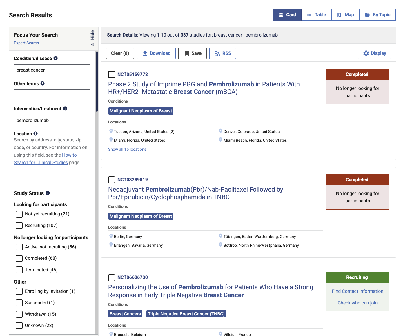 ClinicalTrials.gov search results for breast cancer and pembrolizumab